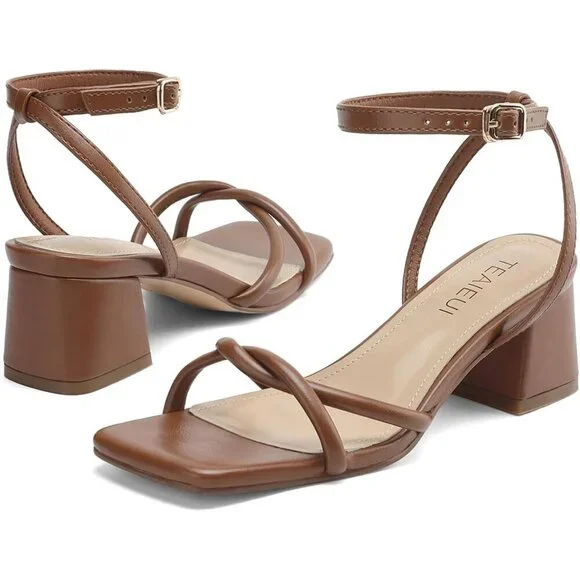 Women's Open Square Toe Chunky Block Sandals Chic Strappy Heels Brown Shoes - Picture 5 of 6